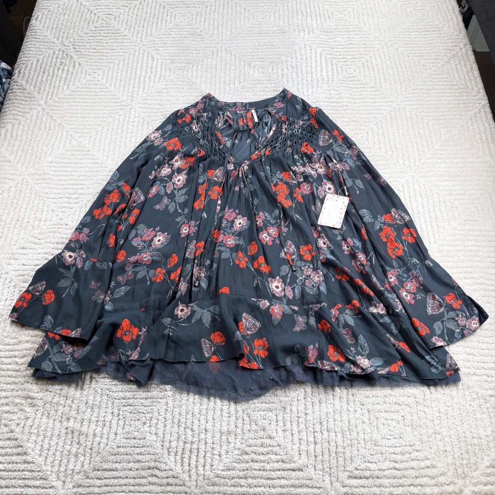 Free People Tunic Top Women's XS Navy Blue Floral Boho Fairycore Peasant Flowy